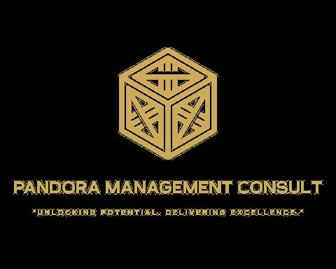 Gold geometric cube logo for Pandora Management Consult with tagline Unlocking Potential, Delivering Excellence on black background