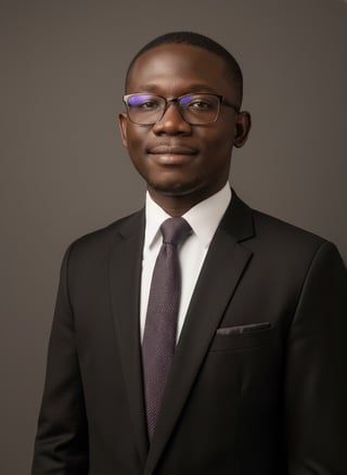 Professional headshot of a man wearing a black blazer, white dress shirt, purple tie, and blue-framed glasses against a neutral gray background