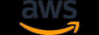 AWS logo featuring gray text with orange smile arrow on black background