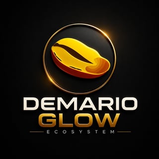 Demario Glow Ecosystem logo featuring a glowing yellow and red feather icon in a golden circle on black background
