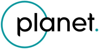 Planet logo with black text and a teal circular design element